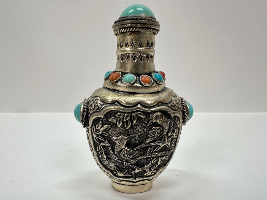 Vintage Tibetan Silver Snuff Bottle with Turquoise and Coral Inlays 3'H [Photo 7]