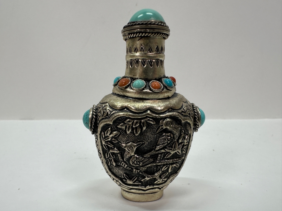 Vintage Tibetan Silver Snuff Bottle with Turquoise and Coral Inlays 3'H [Photo 6]