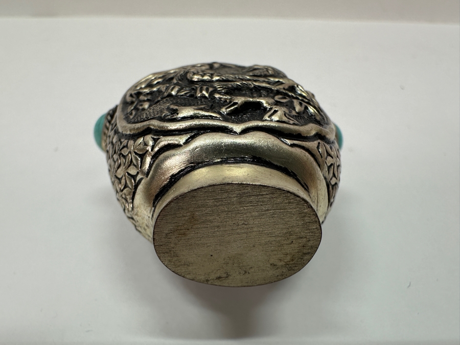 Vintage Tibetan Silver Snuff Bottle with Turquoise and Coral Inlays 3'H [Photo 11]
