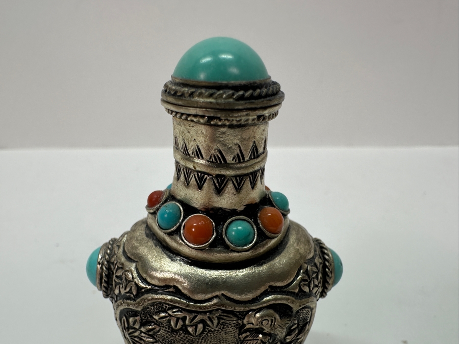 Vintage Tibetan Silver Snuff Bottle with Turquoise and Coral Inlays 3'H [Photo 4]