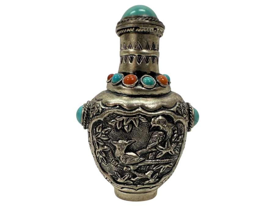 Vintage Tibetan Silver Snuff Bottle with Turquoise and Coral Inlays 3'H