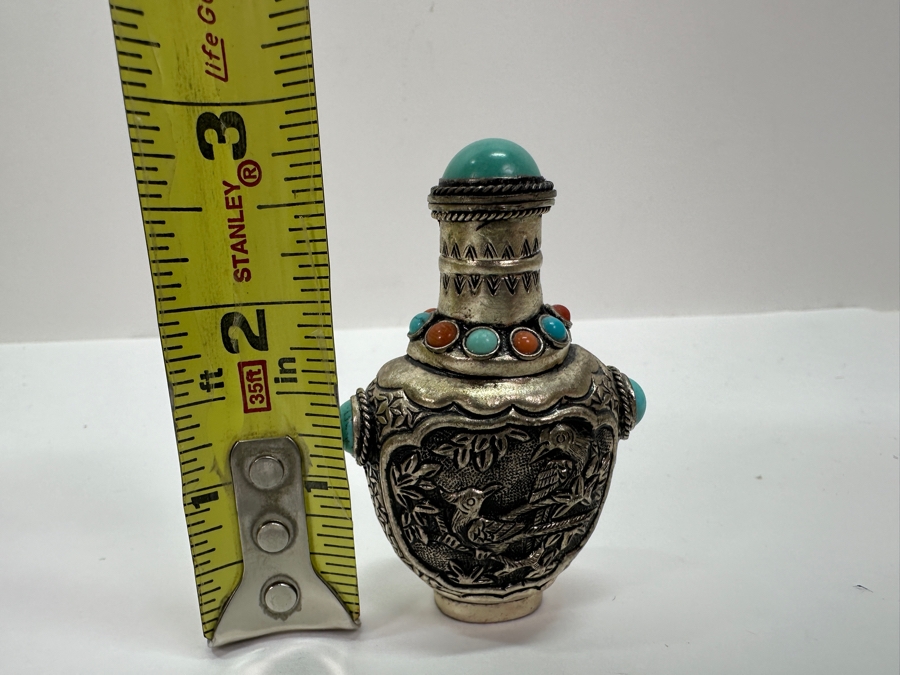 Vintage Tibetan Silver Snuff Bottle with Turquoise and Coral Inlays 3'H [Photo 12]