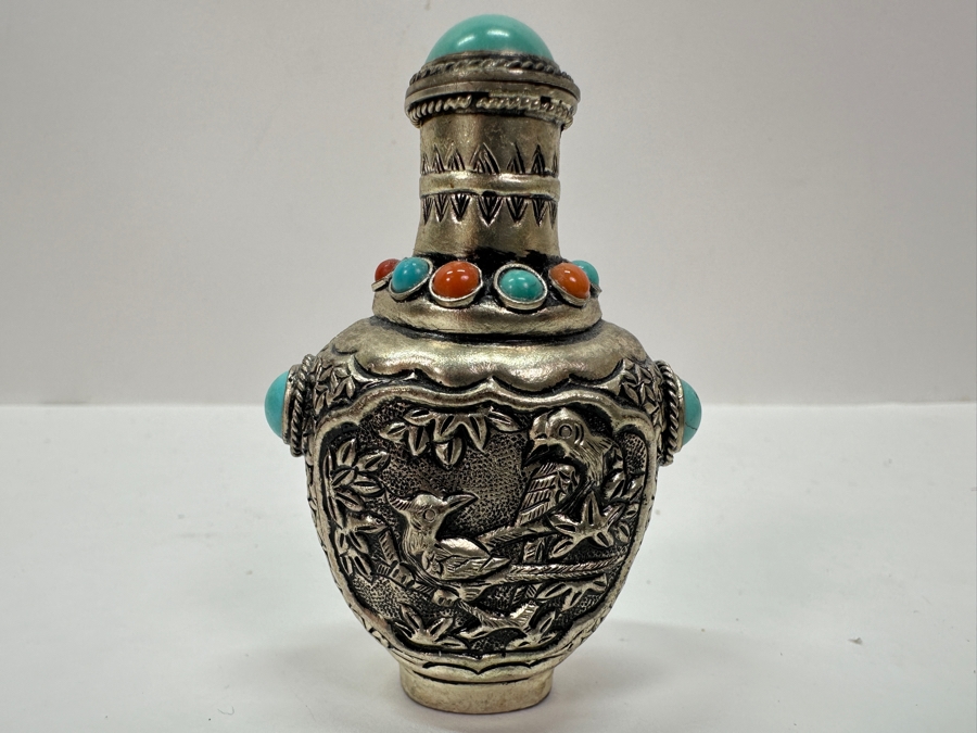 Vintage Tibetan Silver Snuff Bottle with Turquoise and Coral Inlays 3'H [Photo 2]