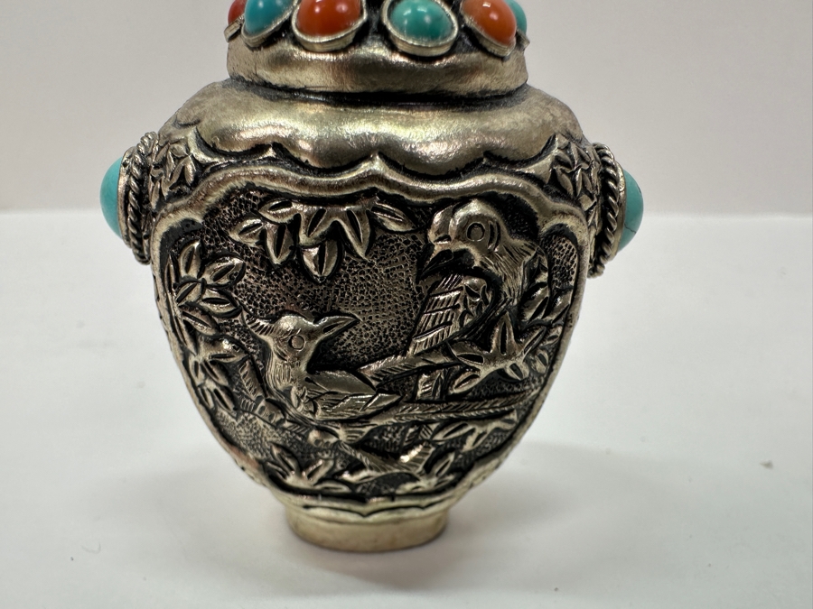 Vintage Tibetan Silver Snuff Bottle with Turquoise and Coral Inlays 3'H [Photo 3]