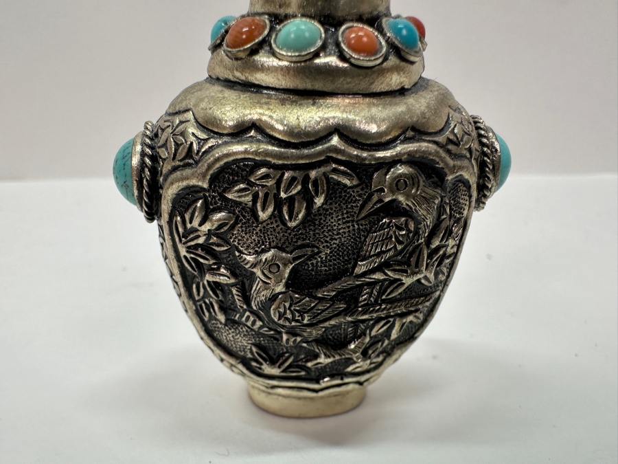 Vintage Tibetan Silver Snuff Bottle with Turquoise and Coral Inlays 3'H [Photo 8]