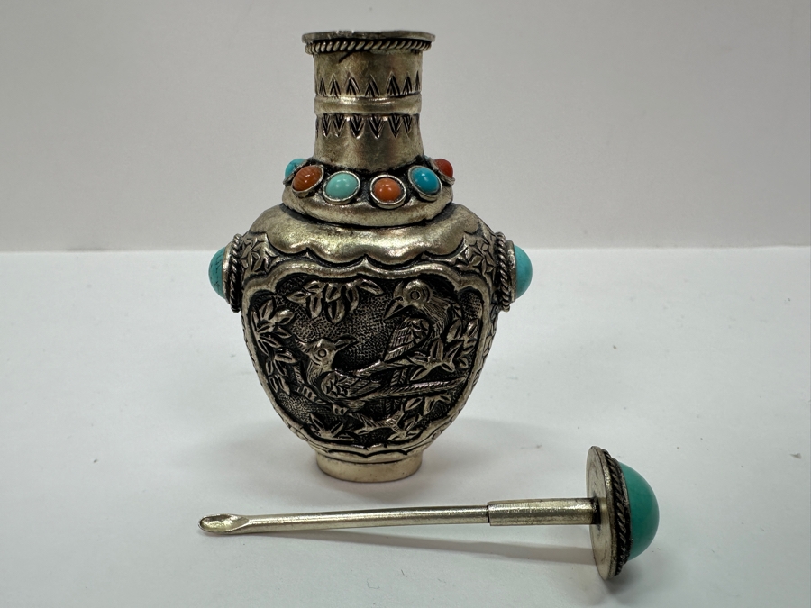 Vintage Tibetan Silver Snuff Bottle with Turquoise and Coral Inlays 3'H [Photo 10]