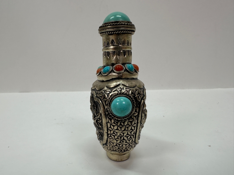 Vintage Tibetan Silver Snuff Bottle with Turquoise and Coral Inlays 3'H [Photo 5]