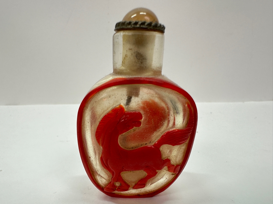 Old Chinese Red Overlay Glass Snuff Bottle Featuring Horses 2.5H [Photo 9]