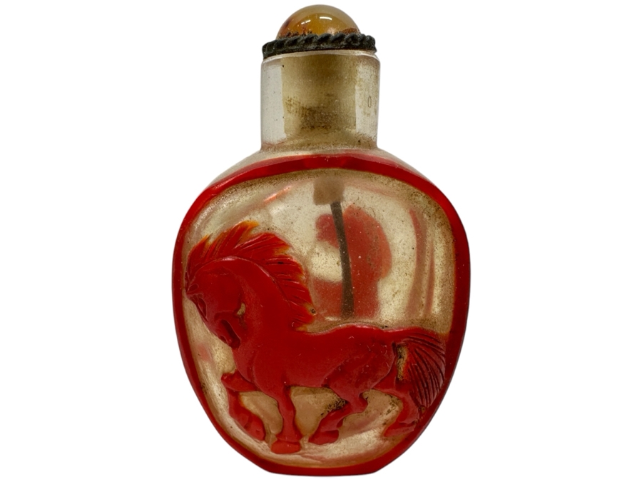 Old Chinese Red Overlay Glass Snuff Bottle Featuring Horses 2.5H