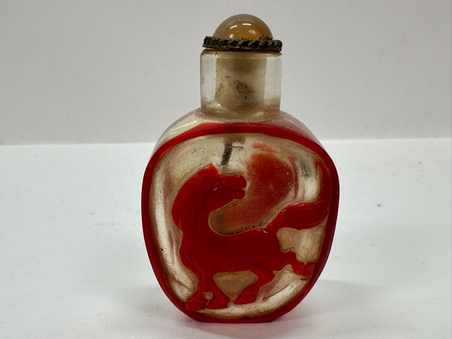 Old Chinese Red Overlay Glass Snuff Bottle Featuring Horses 2.5H [Photo 6]