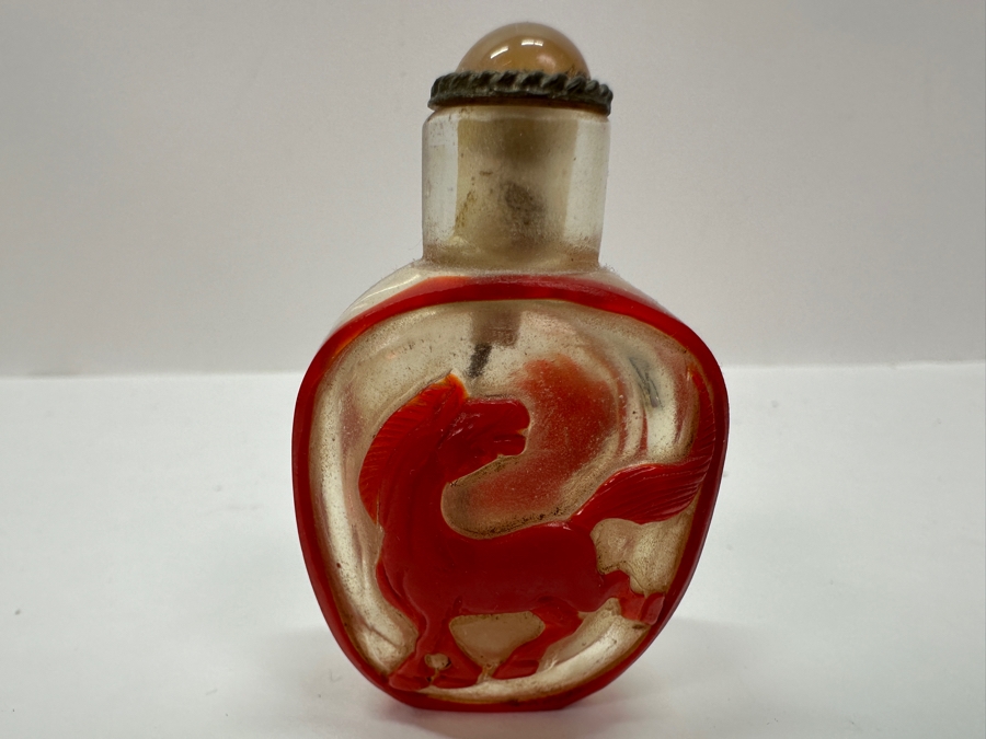 Old Chinese Red Overlay Glass Snuff Bottle Featuring Horses 2.5H [Photo 8]