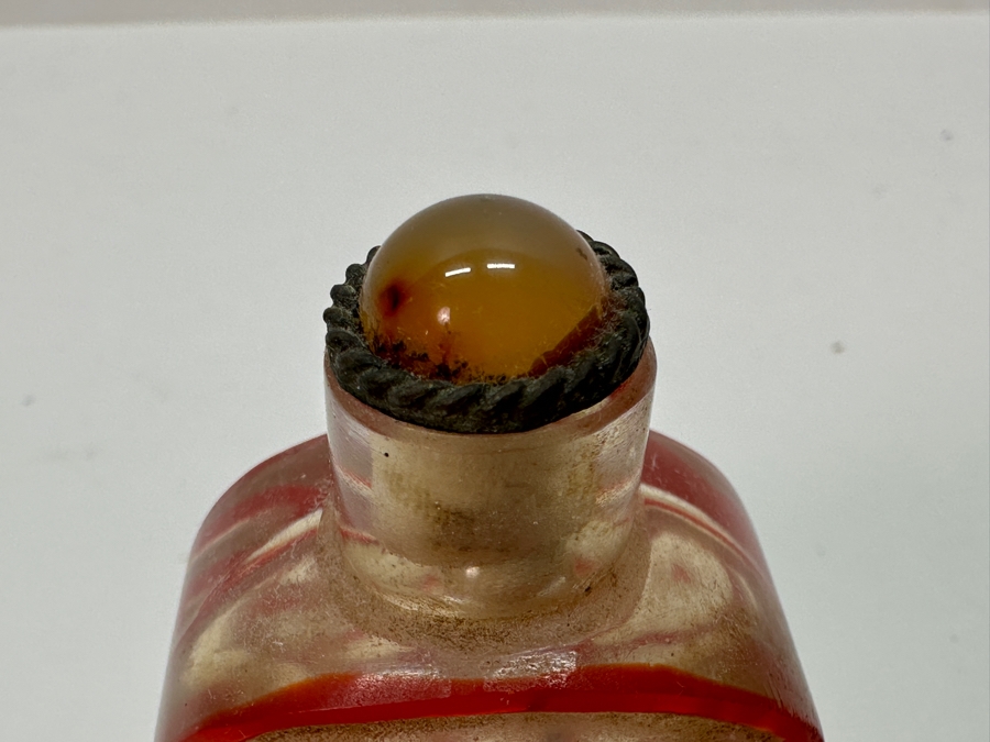 Old Chinese Red Overlay Glass Snuff Bottle Featuring Horses 2.5H [Photo 4]