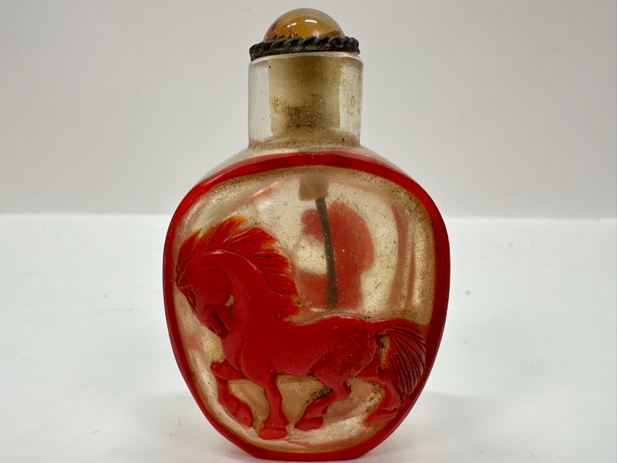 Old Chinese Red Overlay Glass Snuff Bottle Featuring Horses 2.5H [Photo 2]