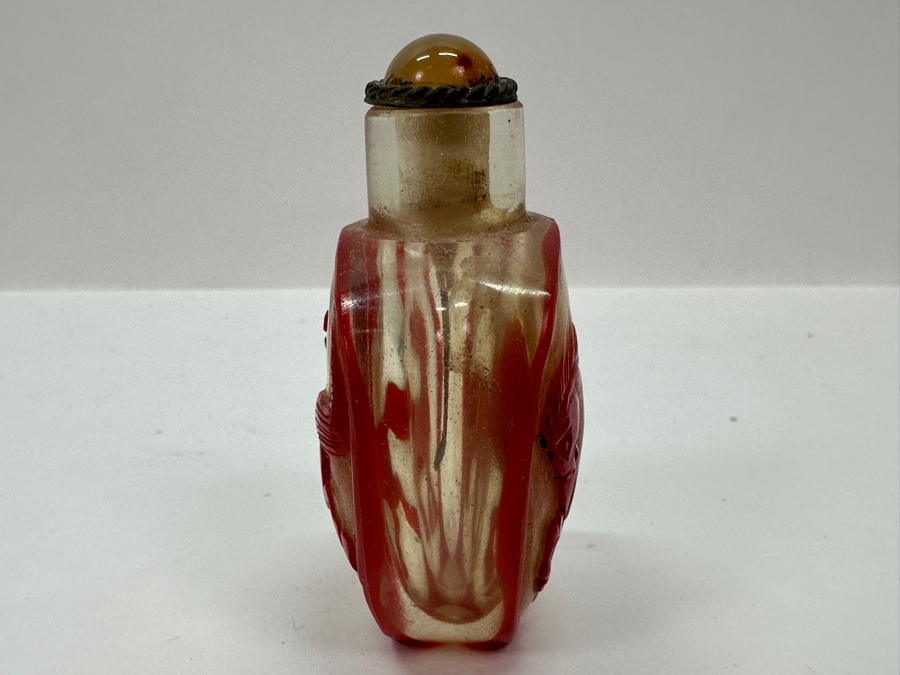Old Chinese Red Overlay Glass Snuff Bottle Featuring Horses 2.5H [Photo 5]