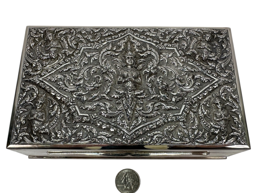 Stunning Vintage Repousse Sterling Silver Box From Thailand Thainakon Presented To Mr. Chi Owyang April 1963 7.75W X 4.75D X 2H 648g [Photo 1]