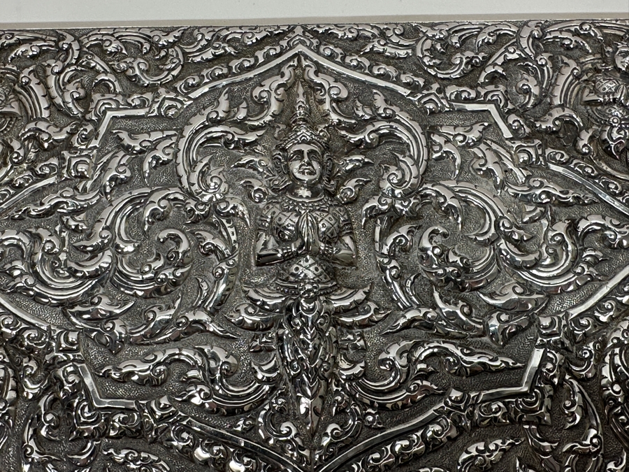 Stunning Vintage Repousse Sterling Silver Box From Thailand Thainakon Presented To Mr. Chi Owyang April 1963 7.75W X 4.75D X 2H 648g [Photo 6]