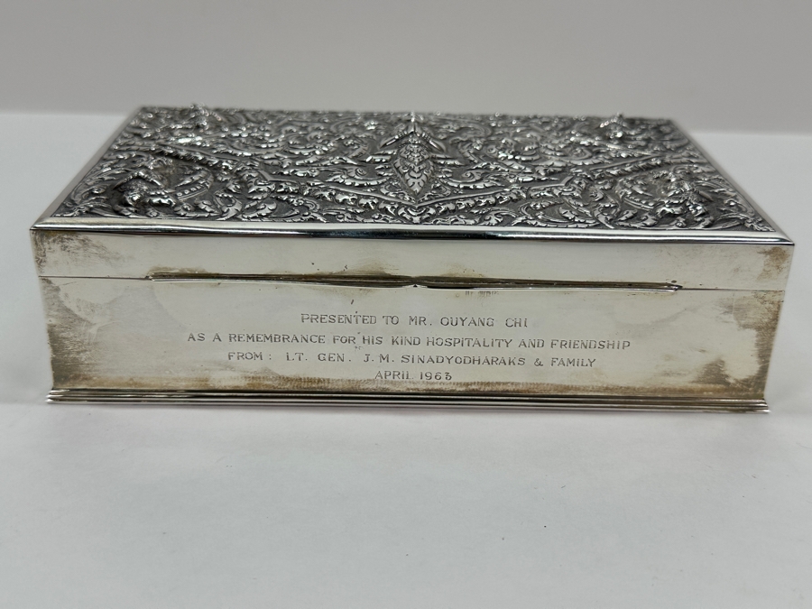 Stunning Vintage Repousse Sterling Silver Box From Thailand Thainakon Presented To Mr. Chi Owyang April 1963 7.75W X 4.75D X 2H 648g [Photo 8]