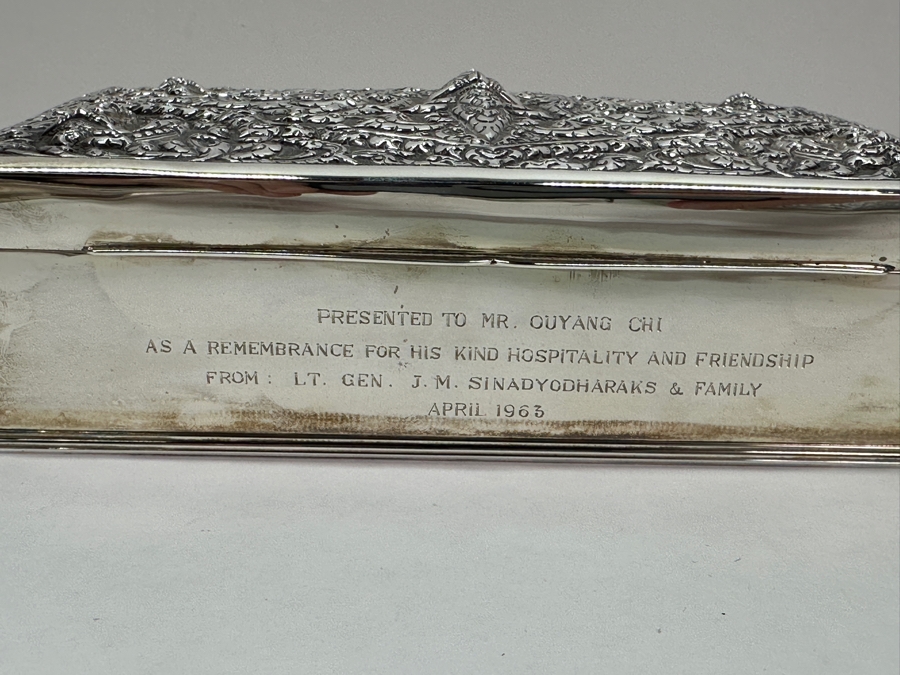 Stunning Vintage Repousse Sterling Silver Box From Thailand Thainakon Presented To Mr. Chi Owyang April 1963 7.75W X 4.75D X 2H 648g [Photo 9]