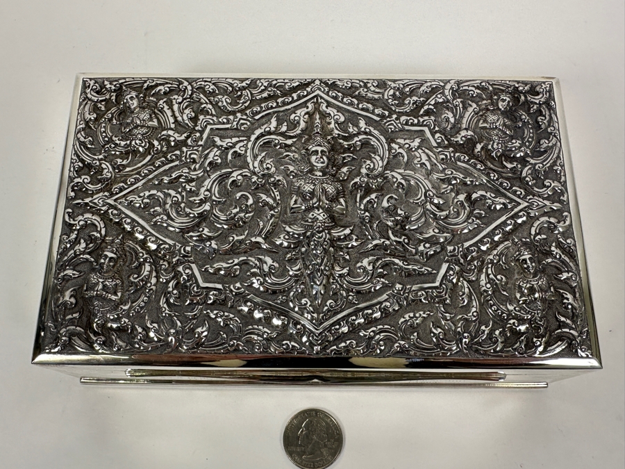 Stunning Vintage Repousse Sterling Silver Box From Thailand Thainakon Presented To Mr. Chi Owyang April 1963 7.75W X 4.75D X 2H 648g [Photo 2]