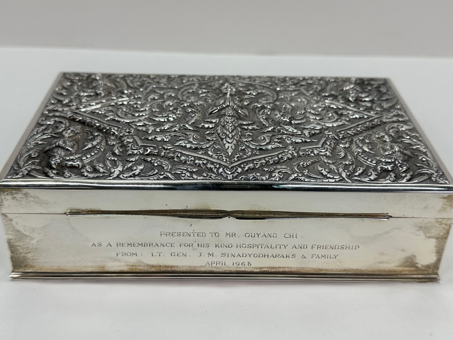 Stunning Vintage Repousse Sterling Silver Box From Thailand Thainakon Presented To Mr. Chi Owyang April 1963 7.75W X 4.75D X 2H 648g [Photo 10]