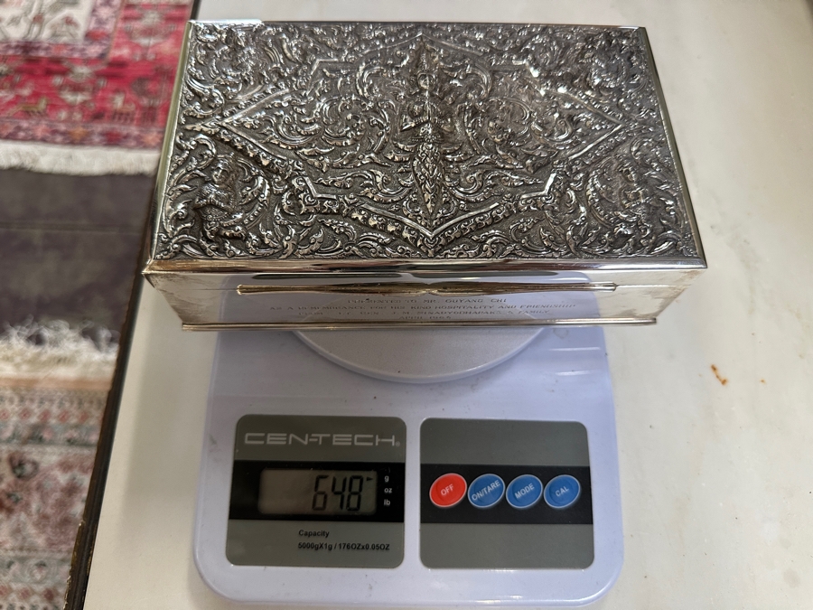 Stunning Vintage Repousse Sterling Silver Box From Thailand Thainakon Presented To Mr. Chi Owyang April 1963 7.75W X 4.75D X 2H 648g [Photo 24]