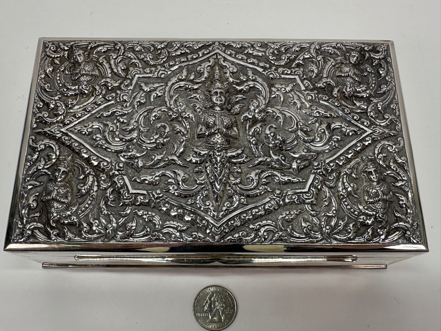 Stunning Vintage Repousse Sterling Silver Box From Thailand Thainakon Presented To Mr. Chi Owyang April 1963 7.75W X 4.75D X 2H 648g [Photo 3]