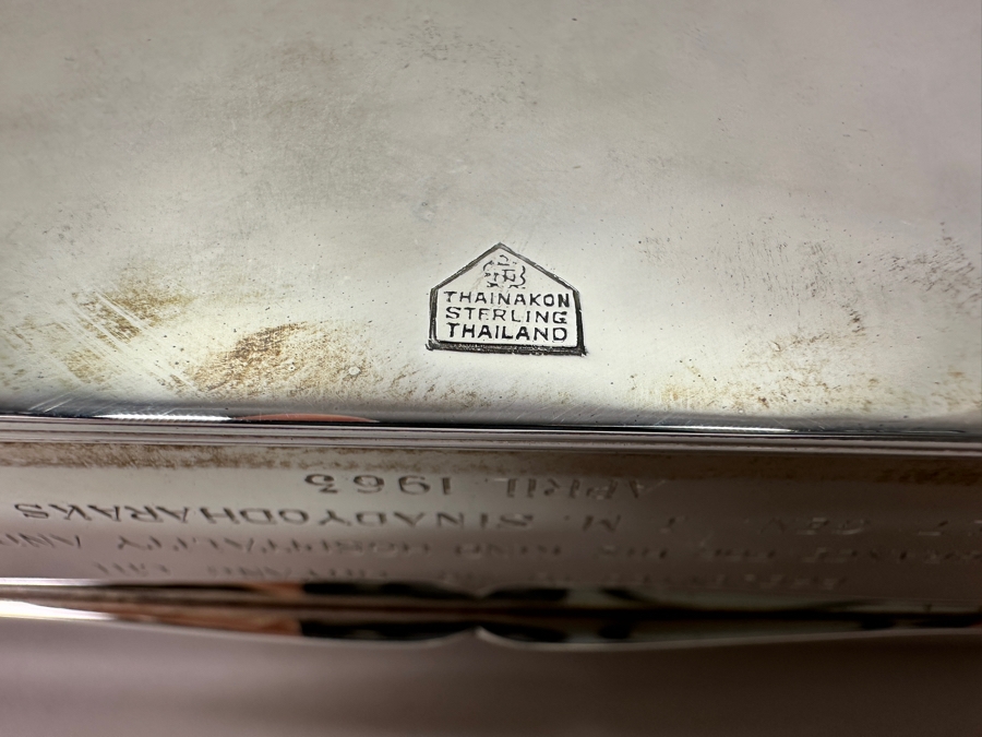 Stunning Vintage Repousse Sterling Silver Box From Thailand Thainakon Presented To Mr. Chi Owyang April 1963 7.75W X 4.75D X 2H 648g [Photo 16]