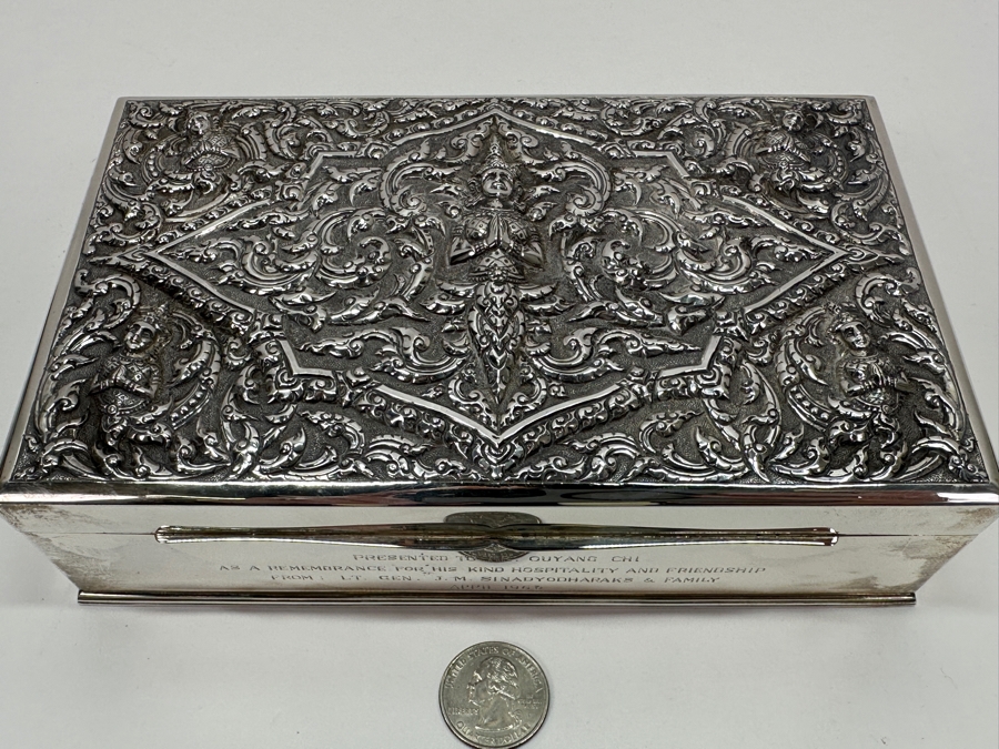 Stunning Vintage Repousse Sterling Silver Box From Thailand Thainakon Presented To Mr. Chi Owyang April 1963 7.75W X 4.75D X 2H 648g [Photo 5]