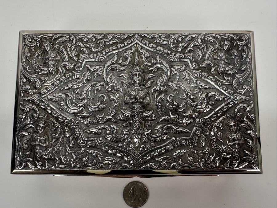 Stunning Vintage Repousse Sterling Silver Box From Thailand Thainakon Presented To Mr. Chi Owyang April 1963 7.75W X 4.75D X 2H 648g [Photo 4]