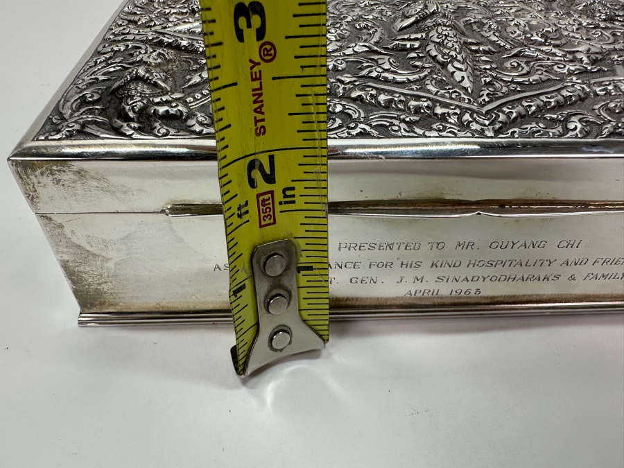 Stunning Vintage Repousse Sterling Silver Box From Thailand Thainakon Presented To Mr. Chi Owyang April 1963 7.75W X 4.75D X 2H 648g [Photo 23]