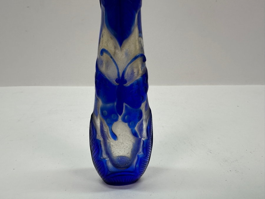 Vintage Chinese Blue Overlay Glass Snuff Bottle Featuring Butterflies 4.25H [Photo 4]