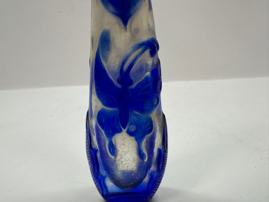 Vintage Chinese Blue Overlay Glass Snuff Bottle Featuring Butterflies 4.25H [Photo 8]