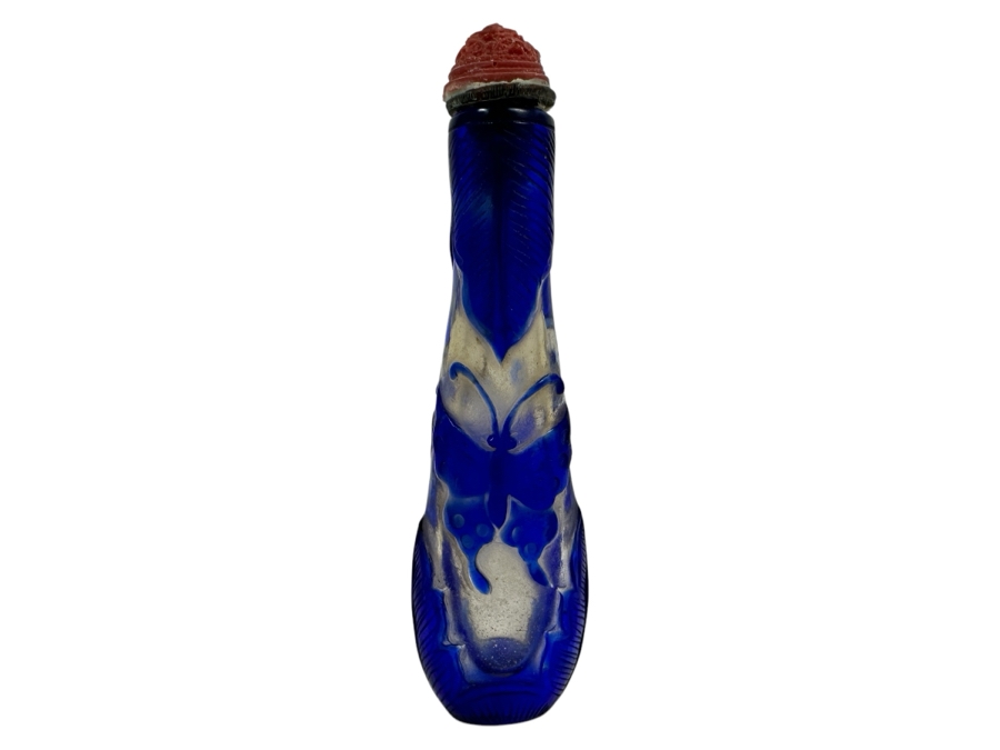 Vintage Chinese Blue Overlay Glass Snuff Bottle Featuring Butterflies 4.25H [Photo 1]