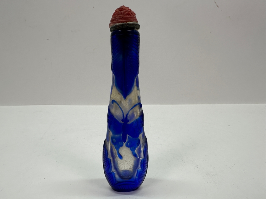 Vintage Chinese Blue Overlay Glass Snuff Bottle Featuring Butterflies 4.25H [Photo 5]