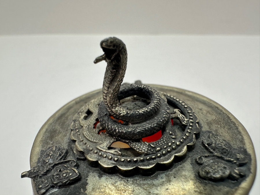 Old Chinese Censer With Agate Body And Silver Overlay Accents With Dragon And Rider Motif And Cobra Snake Finial Signed Underneath 2.5H 97g [Photo 6]