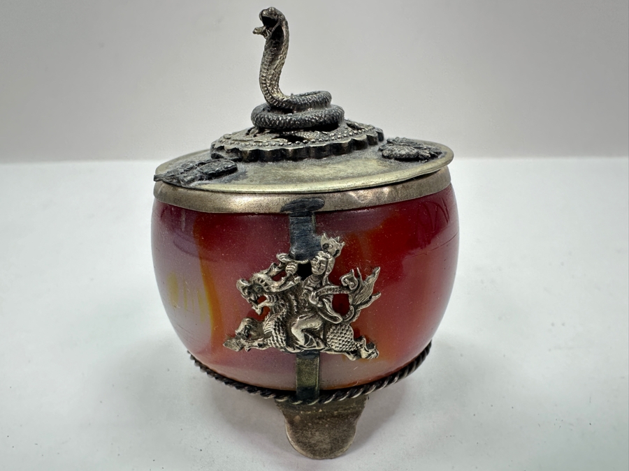 Old Chinese Censer With Agate Body And Silver Overlay Accents With Dragon And Rider Motif And Cobra Snake Finial Signed Underneath 2.5H 97g [Photo 3]