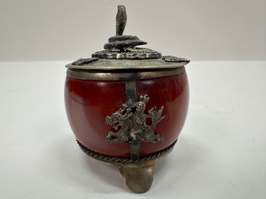 Old Chinese Censer With Agate Body And Silver Overlay Accents With Dragon And Rider Motif And Cobra Snake Finial Signed Underneath 2.5H 97g [Photo 8]