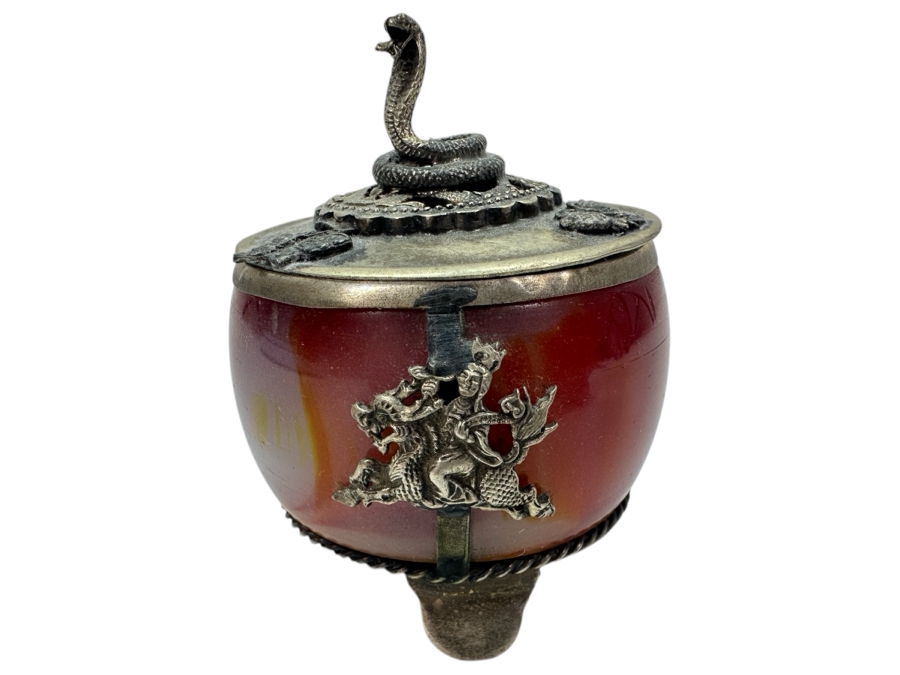 Old Chinese Censer With Agate Body And Silver Overlay Accents With Dragon And Rider Motif And Cobra Snake Finial Signed Underneath 2.5H 97g [Photo 1]