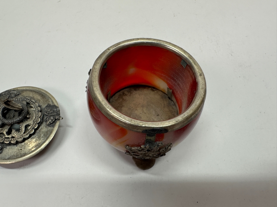 Old Chinese Censer With Agate Body And Silver Overlay Accents With Dragon And Rider Motif And Cobra Snake Finial Signed Underneath 2.5H 97g [Photo 10]