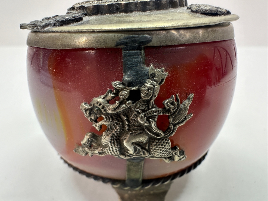 Old Chinese Censer With Agate Body And Silver Overlay Accents With Dragon And Rider Motif And Cobra Snake Finial Signed Underneath 2.5H 97g [Photo 5]
