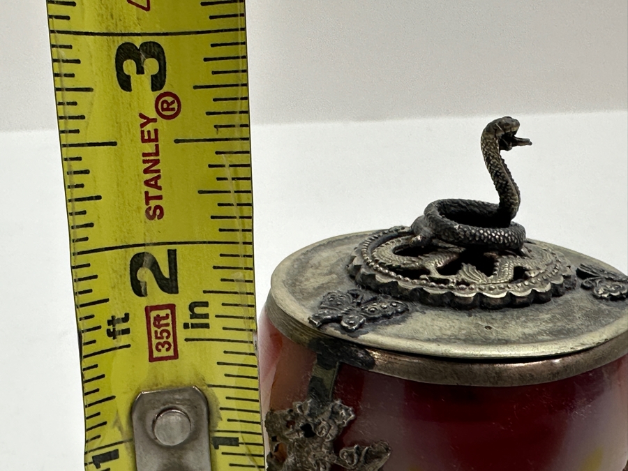 Old Chinese Censer With Agate Body And Silver Overlay Accents With Dragon And Rider Motif And Cobra Snake Finial Signed Underneath 2.5H 97g [Photo 13]
