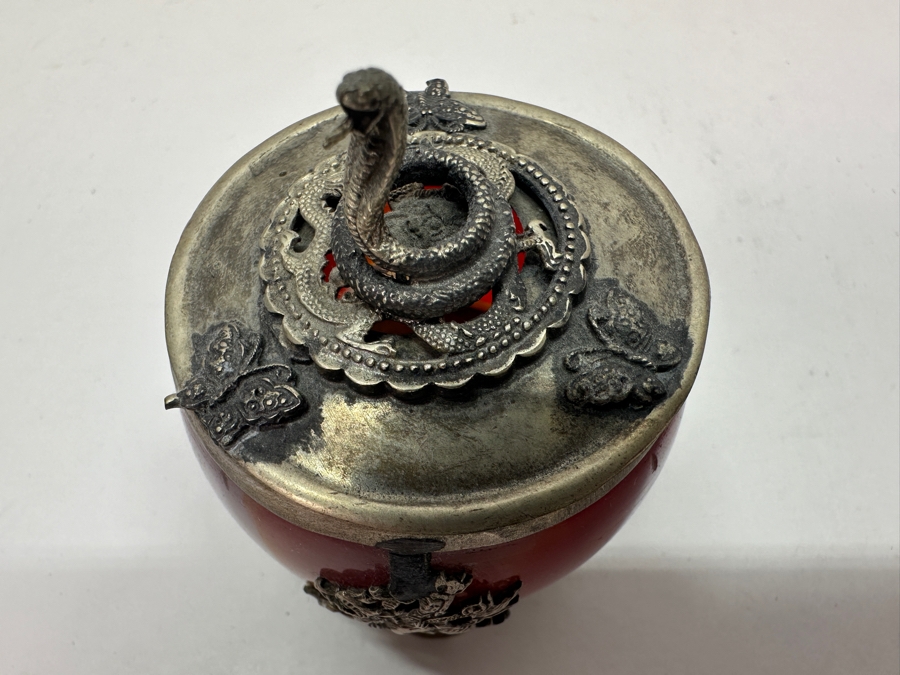 Old Chinese Censer With Agate Body And Silver Overlay Accents With Dragon And Rider Motif And Cobra Snake Finial Signed Underneath 2.5H 97g [Photo 7]