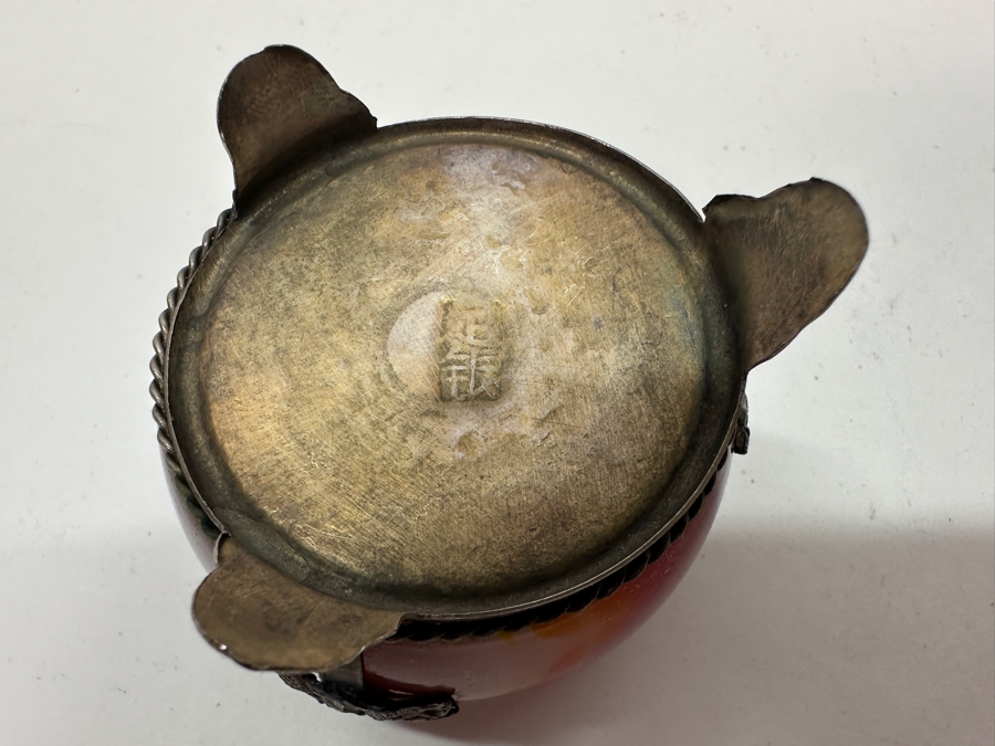 Old Chinese Censer With Agate Body And Silver Overlay Accents With Dragon And Rider Motif And Cobra Snake Finial Signed Underneath 2.5H 97g [Photo 11]