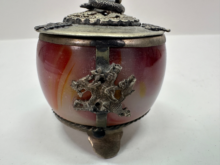 Old Chinese Censer With Agate Body And Silver Overlay Accents With Dragon And Rider Motif And Cobra Snake Finial Signed Underneath 2.5H 97g [Photo 9]