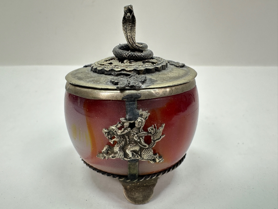Old Chinese Censer With Agate Body And Silver Overlay Accents With Dragon And Rider Motif And Cobra Snake Finial Signed Underneath 2.5H 97g [Photo 2]