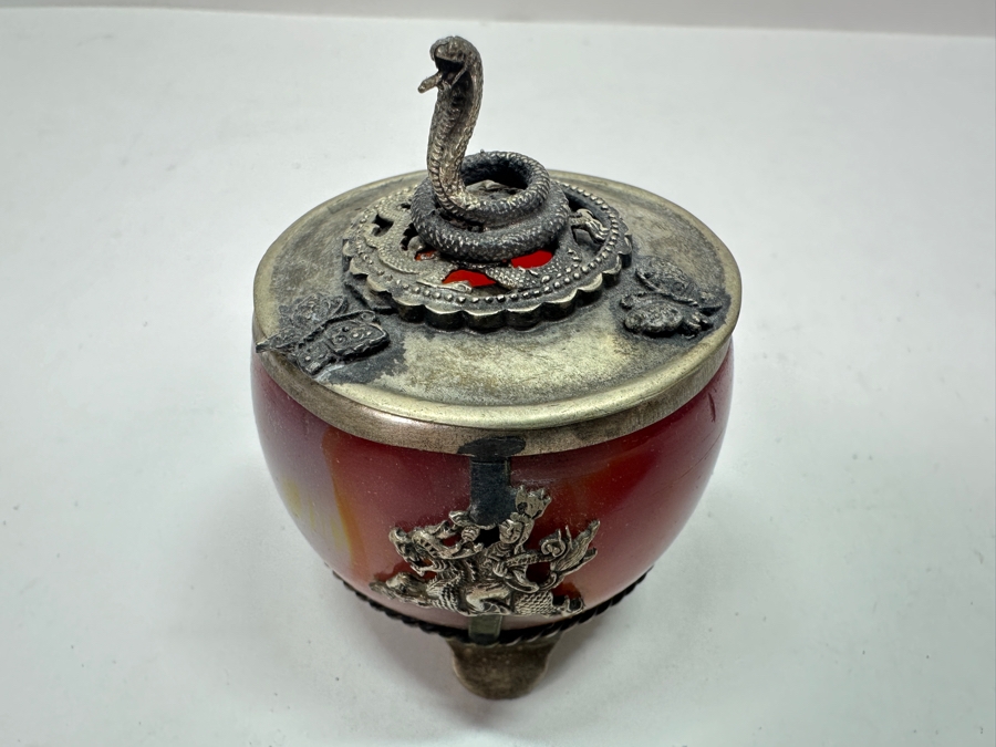 Old Chinese Censer With Agate Body And Silver Overlay Accents With Dragon And Rider Motif And Cobra Snake Finial Signed Underneath 2.5H 97g [Photo 4]