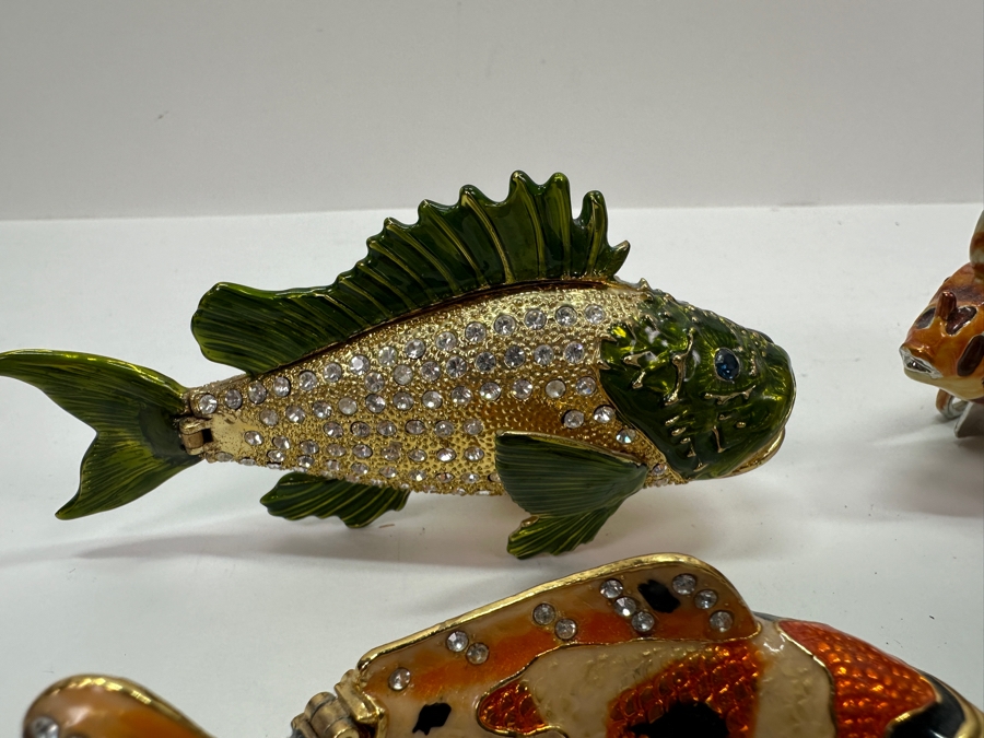 Set Of Four Enameled Fish Trinket Boxes With Crystals [Photo 3]