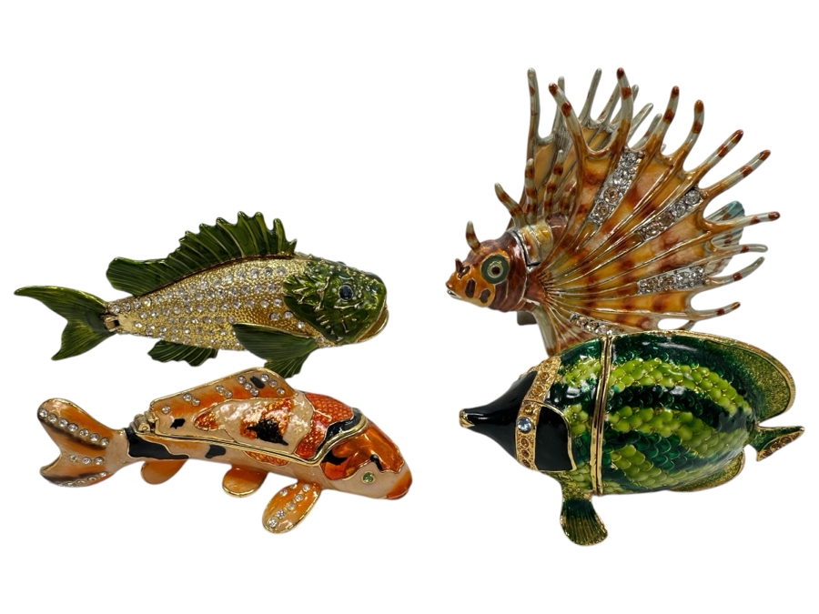 Set Of Four Enameled Fish Trinket Boxes With Crystals [Photo 1]