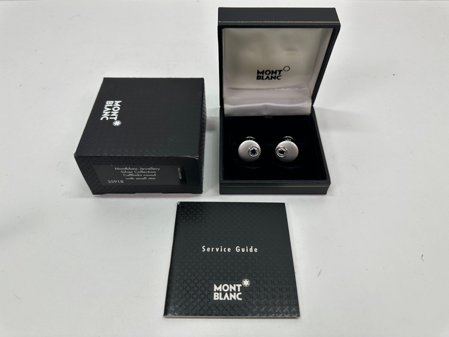 Vintage Montblanc Sterling Silver Cufflinks Round With Small Star In Original Box 35918 [Photo 4]