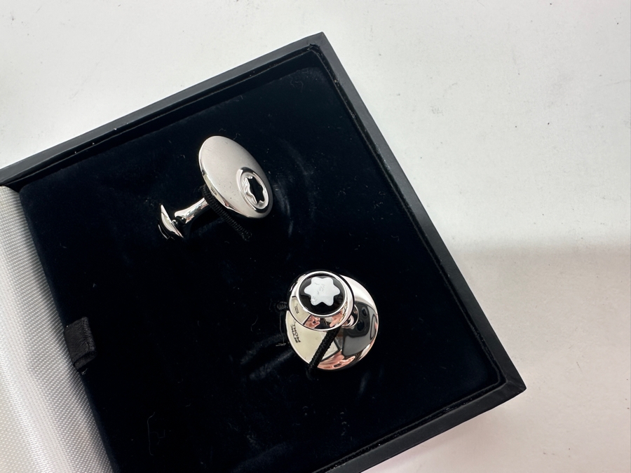 Vintage Montblanc Sterling Silver Cufflinks Round With Small Star In Original Box 35918 [Photo 9]